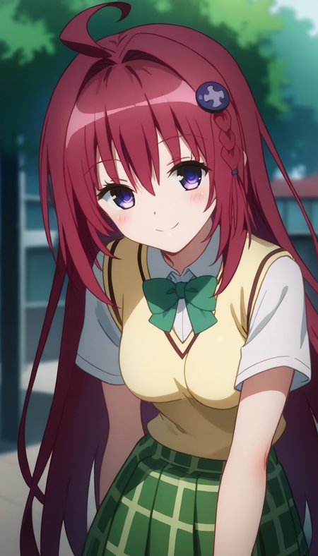 score_9,score_8_up,score_7_up,score_6_up BREAK official art,solo,outdoors,upper body,(portrait:1.5),looking at viewer,facing viewer,smile,blush,Kurosaki Mea,ahoge,very long hair,red hair,hair intakes,hair ornament,braid,hair between eyes,bangs,purple eyes,school uniform,sweater vest,yellow vest,white shirt,collared shirt,green bowtie,short sleeves,medium breasts,miniskirt,green skirt,plaid skirt,pleated skirt,black socks,loafers,<lora:Kurosaki Mea(tlr)-Pony:1.6>,
