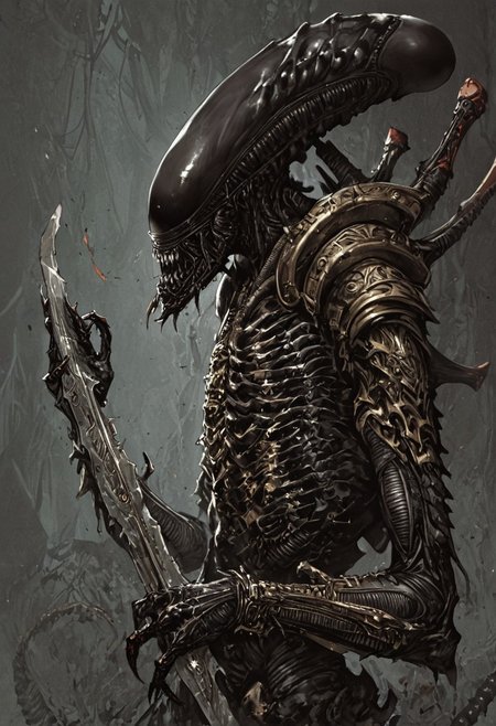 score_9, score_8_up, score_7_up, score_6_up, score_5_up, score_4_up,<lora:Fant5yP0ny:0.8>, xenomorphic creature from Lords of the Fallen, black templar armor, gold sword of Pieta, solo, gold eyes, blood on face, art by hr giger,