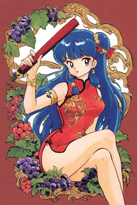 1girl,shampoo (ranma 1/2),solo,long hair,hand fan,jewelry,dress,hair bun,double bun,chinese clothes,folding fan,holding fan,armlet,full body,china dress,grapes,holding,bracelet,black footwear,white background,bangs,sleeveless,retro artstyle,sitting,red dress,looking at viewer,earrings,makeup,simple background,sleeveless dress,leaf,ring,side slit,invisible chair,fruit,hair ornament,crossed legs,very long hair,1990s (style),shoes,folded fan,food,blunt bangs,blue hair,medium breasts,black hair,breasts,traditional media,<lora:Takahashi Rumiko_XL:0.8>,