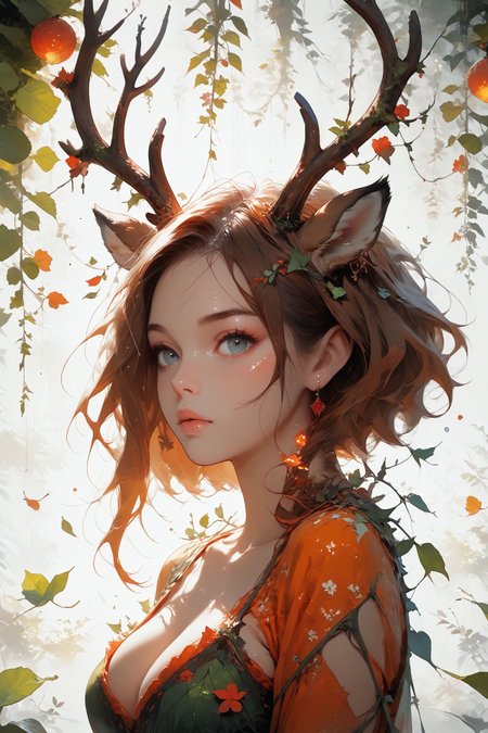 looking at viewer,detailed background,Cinematic Lighting,film grain,score_9,score_8_up,score_7_up,masterpiece,best quality,highly detailed,
<lora:(增强)sdxl_lightning_8step_lora:1>,<lora:glowneon_xl_v1:1>,glowing,<lora:hand 4:1>,hand person,<lora:Expressive_H:0.8>,Expressiveh,<lora:Concept Art Twilight Style SDXL_LoRA_Pony Diffusion V6 XL:0.6>,<lora:th3rm4lXLP:0.4>,th3rm4l,colorful,<lora:4ntl3rsXLP:0.8>,4ntl3rs,antlers,
1girl,animal ears,big breasts,deer ears,earrings,no humans,palmate,solo,upper body,white background,pelt,antlers mix branch,vines,hair vines,leaf,falling leaves,