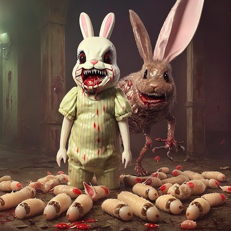 masterpiece, (horrific:1.3), (nonhuman:1.2) (monsters:1.4) (easter bunny rabbit:1.4), (Trypophobia:1.3), (oozing:1.2), (glistening:1.3), (gore:1.3), (wounds:1.3), (rotting:1.3), (decaying:1.3), (maggots:1.2), (kawaii:1.3), (studio ghibli:0.9), mischievous, cheeky, (Smiling Ecstatically:1.1), (dark bloody lipstick:1.3), (big luscious kissable lips:1.3), (multiple rows of tiny sharp needle teeth:1.4), (small tiny flatter breasts:1.4), sexy, sweet, (chunky:0.8), (pregnant:0.9), (psychedelic:0.9), (fur is covered in maggots and rotting decaying flesh:1.3), (background is an amusement park:1.3), ominous, creepy, disturbing, eerie, by Wes Craven, by David Cronenberg, 4k, 8k, uhd, ultrarealistic, ridiculously high resolution, HDR