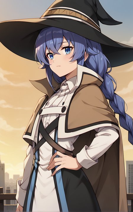 score_9, score_8_up, score_7_up, BREAK
MainOutfit_RoxyMigurdia_ownwaifu, 
1girl, blue eyes, blue hair, mage staff, roxy migurdia, wizard hat, long hair, witch hat, hair between eyes, black headwear, braid, brown cape, crossed bangs, twin braids, bangs, long sleeves, white shirt, collared shirt, dress, capelet, shirt, cloak, black skirt, brown capelet,
(contrapposto, hand on hip), sunset, sidelighting, cityscape, vanishing point, outdoors, <lora:PONYXL_MushokuTensei_RoxyMigurdia_ownwaifu:1> , depth of field, solo,