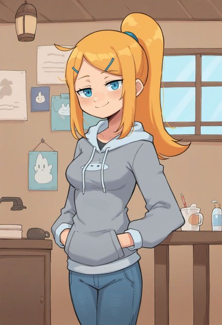 score_9, score_8_up, score_7_up, 
1girl, solo, long hair, looking at viewer, smile, hair ornament, long sleeves, closed mouth, blue eyes, standing, ponytail, hairclip, indoors, hood, (blond hair), hoodie, hood down, smug, grey hoodie, jeans, medium breasts,
<lora:gnsisir style v1-000007:0.7>, gns1s1r,