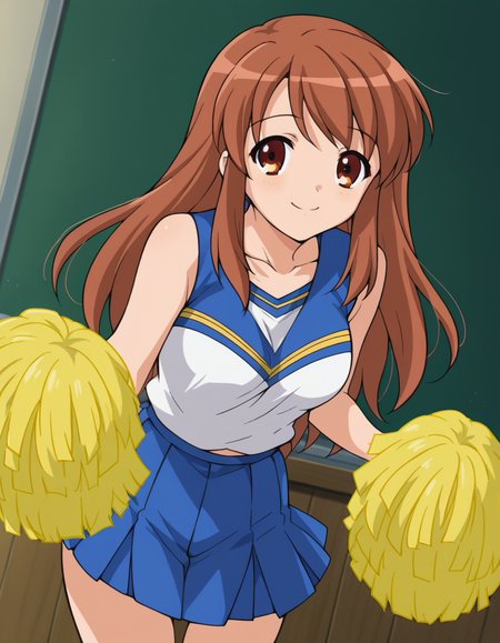 score_9, score_8_up, score_7_up, source_anime,
mikuruasahina,  <lora:mikuru-asahina-s1-ponyxl-lora-nochekaiser:1>,
mikuru asahina, long hair, brown hair, brown eyes,
skirt, pleated skirt, blue skirt, cheerleader, pom pom \(cheerleading\), sleeveless,
indoors, classroom, bent over, smile,
looking at viewer, dutch angle, cowboy shot, solo,