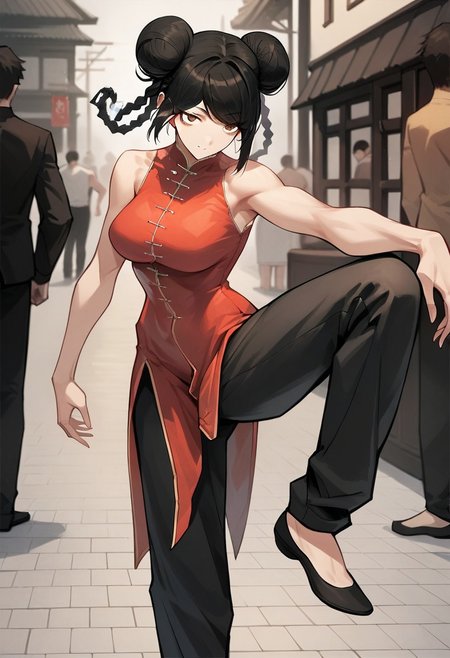 score_9, score_8_up, score_7_up, source_anime, Yuzuha Lee,1girl,solo,breasts,bangs,large breasts,black hair,dress,brown eyes,standing,braid,sleeveless,pants,hair bun,black footwear,double bun,chinese clothes,black pants,standing on one leg,china dress,fighting stance,flats,