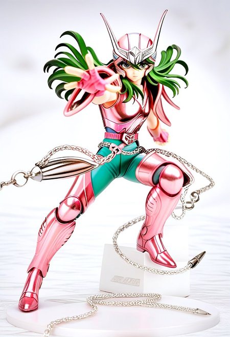 score_9, score_8_up, score_7_up, score_6_up, score_5_up, score_4_up, source_anime, full body view, 1boy, andromeda shun, anshun, slim, pink sleeveless armor, long wavy green hair, pink helmet with two prongs and silver accents, pink vambraces, large pink pauldrons, fingerless pink gloves, pink thighhigh greaves, green pants, pink boots, stylized belt buckle with silver and pink accents, 80's, retro aesthetic, action pose, hand up,