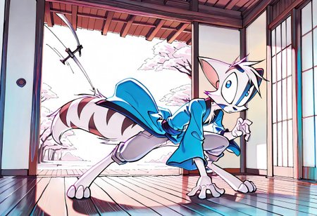 Mace, Dreamkeepers, 1boy, anthropomorphic, feline-like, white fur, spiky hair, masterpiece, best quality, chest fur, <lora:Dreamkeepers_Mace_Illustrious:0.8>, indoors, pants
,masterpiece, best quality, amazing quality, male, score_9, score_8_up, score_7_up, solo, no text, high detailed, high quality, masterpiece, no text, quality highlights, 8k detail, detailed background, ultra-detailed,  high quality, vibrant darker colors, best quality, rendering, high resolution, best render quality, standing, facial features, white skin, Japanese temple, medium bushy tail, male, detailed hair, narrow shoulders, one tone torso, two tone face, two tone tail, sexy, vibrant details, fluffy fur, blue eyes, wide curves, black nose, Blue robe, katana, calm expression, swinging sword, bloody sword, action lines, in the air, cutting through enemies, swinging around katana, badass, flowing wind,