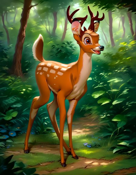 score_9, score_8_up, score_7_up, score_6_up,
bambi, adult, horns, deer, solo, ((Four legs,)) hyperdetailed, detailed fur, happy, forest, full body,
<lora:add-detail-xl:0.8><lora:Bambi:1>  <lora:Furry Enhancer 6.1:2>