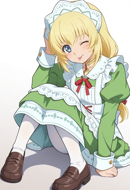 simple background, white background, gradient background,
BREAK,
one eye closed, tongue out, tehepero, hand on head, sitting,
full body, dynamic angle,
BREAK,
<lora:coletteX2_illustriousXL_v07:0.9>
coletternd, blonde hair, blue eyes, long hair, choker, chest jewel, single braid, headdress,
colettemaida, maid, green dress, puffy sleeves, apron, frills, laces, red chest ribbon,
white pantyhose, loafers, source_anime, very aesthetic, anime coloring, masterpiece, 
best quality, amazing quality, ultra detailed, very aesthetic, 
detailed background, 
BREAK,