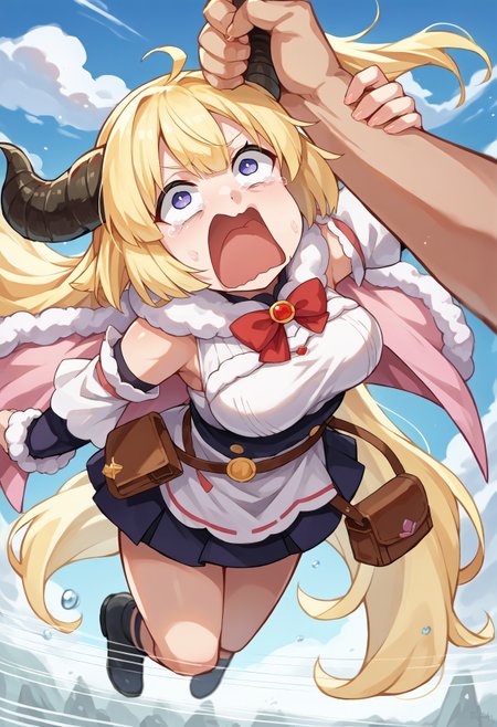 score_9, score_8_up,score_7_up, source_furry, source_anime, 
BREAK
blue sky,speed lines, motion blur, 
BREAK
lifting,in air, flying,horn grab,WatameBase, very long hair, ahoge, hairclip, fur-trimmed dress, short dress, red bowtie, detached sleeves, pouch, fur-trimmed cape, pink cape, swinging, aquascreaming, screaming, open mouth, crying with eyes open, windy, speed lines, mature, leaning forward, motion blur, speed lines,
BREAK
horn grab, pov, 
<lora:HornGrabXL1:1> <lora:last_1:0.8> <lora:concept_aquascreaming_ponyXL:0.8> ,