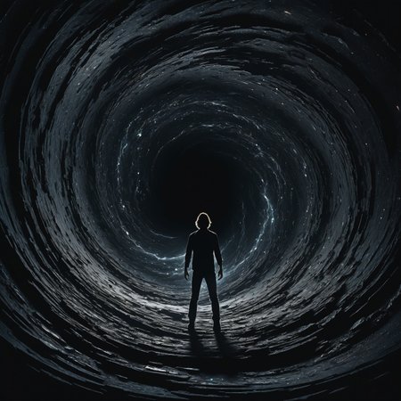 In the heart of the darkness, a group of individuals is engulfed in a black hole. Despite their desire to simply let loose and rock out, they find themselves trapped in this chaotic space. Picture a vividly dark and swirling vortex, almost mesmerizing in its intensity. The figures within are portrayed with intricate detail, their defiant spirit shining through even in the face of overwhelming despair. This image is a masterpiece of contrast, blending the energy of rock and roll with the ominous allure of a black hole.