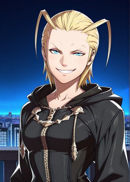 fireemblemxd, 
masterpiece, best quality, amazing quality, very aesthetic, absurdres, newest, detailed background, upper body, outdoors, night, city, sky, dynamic angle
larxenekh, 1girl, solo, blonde hair, antenna hair, hood, smirk, grin, one eyebrow raised, upper body, short hair, hood down, looking at viewer, forehead, zipper, hair slicked back, blue eyes, black coat
<lora:Larxene_-_Kingdom_Hearts_Illustrious_r2:1>
 <lora:Fire_Emblem_Style:1>, <lora:Expression_Detailer_Illustrious_Lora:0.7>