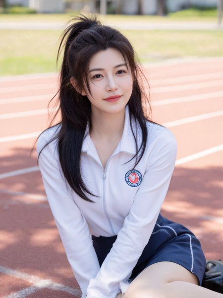 This is a high-resolution close-up shot photo of a young Asian woman with fair skin and a slender build. She has long, straight black hair tied in a loose ponytail, with strands moving in the wind. She is wearing a white and blue student tracksuit.
﻿
She is sitting on a school sports field in a relaxed pose. Her head is slightly turned to the side, with a soft, friendly smile. Dappled sunlight filters through above, creating scattered light and shadow on her and the ground. The background includes a blurred running track, grass, and school buildings. The image feels natural, peaceful, and full of youth.