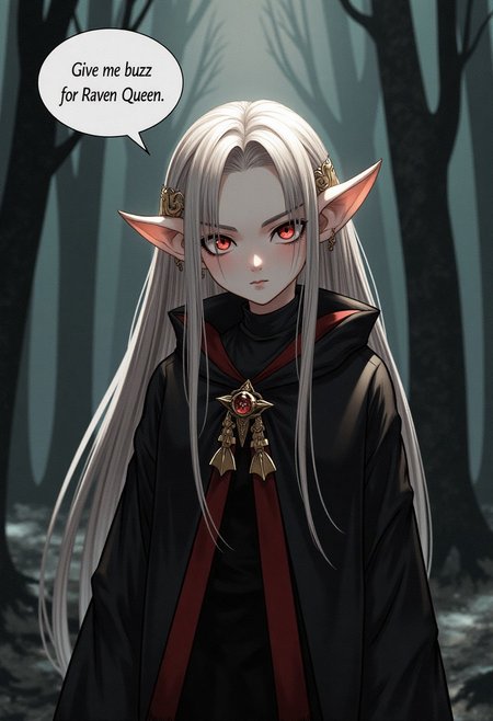 zankuro, masterpiece, best quality, amazing quality, very aesthetic, absurdres, ultra detailed face, ultra detailed eyes, absurd resolution, high resolution, newest, chiaroscuro, impasto, intrinsic light, luster, shiny color, strong coloring, masterful shading, shadow forest on background, dark background,
withered, almost corpse-like elf, with pale skin; Their hair pale and their skin had a deathly pallor, They wear cloaks and veils,
1girl, solo, seductive, speaking bubble, one speech bubble,english text, talking, "Give me buzz for Raven Queen" in the speech bubble,