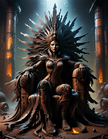 Depict the Goddess of the Rust, a powerful ruler of a post-apocalyptic, desolated desert world, sitting on a throne made of old petrol barrels. Emphasize the elements of dirt, rust, and decay, along with intricate DonM1r0nF1l1ng5XL adornments. Let the scene exude a sense of desolation and the remnants of a once-thriving civilization. Use HDR and raytracing to capture the essence of this hauntingly beautiful world
