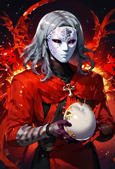 Score_6, score_9, score_8_up, score_7_up, score_6_up, source_anime, semi realism, masterpiece, detailed, ShadowPerson, <lora:ShadowPerson-000004:1>, colored skin, black skin, bald faceless, silhouette, best quality, masterpiece, 1boy, male focus, solo, upper body, high shot, (fantasy, sorcerer, wizard, cultist, undead, villain, evil, aura, magic, red robes, with high collar, silver chest plate, silver gantlets, green and gold metal pauldrons, jeweled pauldrons, ring, egyptian scarab pendant, bracelets, cuffs, open robe, long flowing robes, cosmic background, cosmic temple, no face, male face mask, masculine mask, with nose, with mouth, mask with contempt expression, ((silver mask over face:1.3)), white mask, , glowing eyes, easynegative, ng_deepnegative_v1_75t, magic circle,