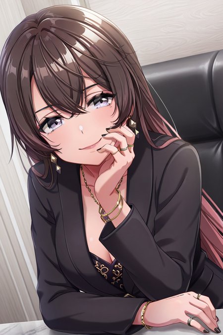 masterpiece, best quality, amazing quality,
 <lora:Shano_IL:1> shano, 1girl, jewelry, solo, long hair, bracelet, purple eyes, brown hair, looking at viewer, earrings, necklace, smile, breasts, nail polish, bangs, cleavage, black nails, hair between eyes, makeup, formal, indoors, jacket, sitting, suit, ring, black jacket, ofldsk