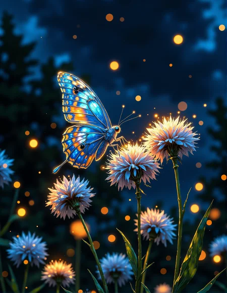dreamy, magical photograph with a bokeh effect. Picture a transparent butterfly with glowing outlines and spots on its wings, perched on dandelion-like flowers that are also illuminated with a soft glow. The butterfly's wings are delicately veined and seem to be made of glass or crystal. The flowers have fluffy, white seed heads and thin stems. The background is a blurred dark blue night sky, filled with soft, out-of-focus golden lights, creating a bokeh effect. The lighting is soft, warm, and magical, making the butterfly and flowers appear to be gently glowing in the dark, <lora:Vibrantly_sharp_style_v.2:0.8>, <lora:Cozy_Paradise:0.7>, <lora:FluxMythR3alisticF:0.6>