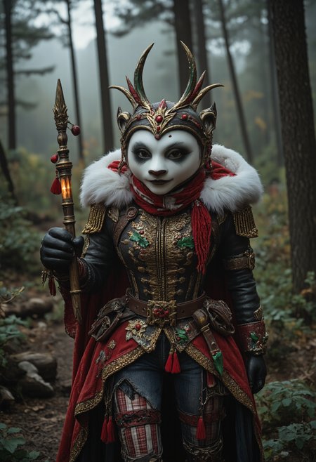 A panda holding a glowing bamboo stick in a misty forest, Animals and Creatures,<lora:ChristmasCouture:0.8>, armor, berry, buckle, bodysuit, coat, corset, crown, distressed denim jeans, edgy, embroidery, epaulettes, fantasy, feathers, festive, floor-length, floral, form-fitting, frilly, fur-lined cape, glittering, gothic, gold accents, gown, headdress, high-collared, holly, jumpsuit, lace, leather, leaves, luxurious, medieval, military-style, off-the-shoulder, opulent, ornate, overcoat, pinstriped, plaid, poinsettia, puffy winter jacket, punk, red and white striped, ruffled, sash, scarf, sequined, shawl, skirt, snowflake, steampunk, sweetheart neckline, tassels, tiara, trimmed with white fur, turtleneck sweater, velvet, Victorian, wings, <lora:boFLUX Christmas Dreams:0.5>, bo-christmas, <lora:ck-old-wooden-christmas-toys-000016:0.5>, A high-quality, close-up photograph of a ck-owct style hand-painted wooden christmas toy featuring a <lora:Satria_Gandrong_FLUX:0.5>, wayang_golek, wayang