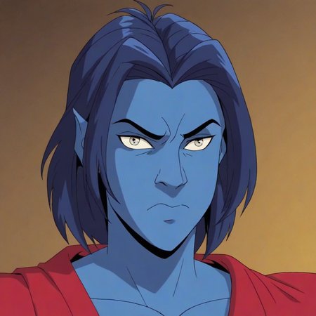 score_9, score_8_up, score_7_up, score_6_up,
1boy, animated character, nightcrawler, blue skin, portrait, pointy years, serious expression, 
<lora:Nightcrawler_X-Men_Evolution:0.8>