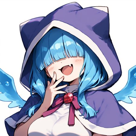 score_9, solo
 <lora:Mahoko:0.8> mahoko, blue hair, wings, hood, hair over eyes, hood up, capelet, gem, purple footwear, blunt bangs, large breasts
 <lora:Mesugaki_Concept_v1.1:0.8> mesugaki, smug, skin fang, hand to own mouth