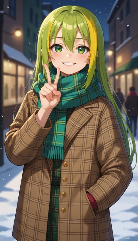 score_9, score_8_up, score_7_up, score_6_up, , solo, 20yo woman, (Beuty:1.1) , (cute:1.3), ,perfecteyes , seductive smile,perfect,  
,<lora:alina_gray:0.8> , green eyes,  very long straight green hair, yellow streak, sidelocks, blunt ends,  lock between her eyes.
alina_gray, scarf, blurry, blurry background, bokeh, depth of field, hair between eyes, jacket, long sleeves, looking at viewer, plaid, plaid dress, plaid jacket, plaid scarf, plaid shirt, scarf, smile, solo, unmoving pattern, street, winter, snow, one hand on pocket, v over eyes