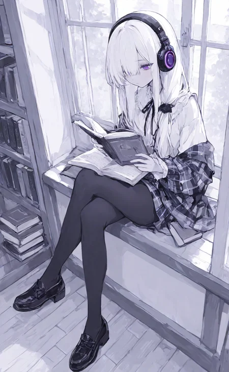 masterpiece, best quality, good quality, very awa, newest, highres, absurdres, 1girl, solo, long hair, shirt, white hair, purple eyes, holding, sitting,white blouse, long hair, shoes, pants, indoors, black footwear, black pantyhose, plaid, book, window, headphones, crossed legs, loafers, hair over shoulder, holding book, wooden floor, open book, reading, windowsill, limited palette, 
(<lora:ponyv4_noob1_2_adamW:0.3>,<lora:MGE_V5.2_IL:0.5>,<lora:add-detail-xl:1>,<lora:ma1ma1helmes_b-STYLE:0.5>,<lora:r17329_illu:0.45>),