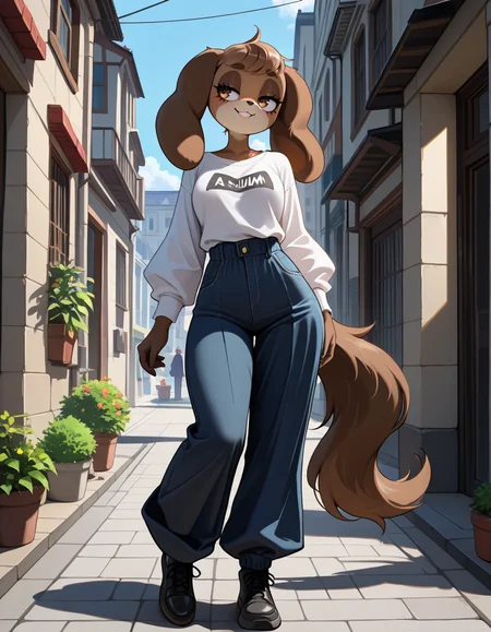 masterpiece, best quality, very aesthetic, absurdres,8k_uhd
outdoors, street fashion,
full body, standing, posing,
 seductive smile, parted lips, long eyelashes,
 <lora:Anna_Holiday_v01_NAIXL:1>
4nn4h,1girl,solo,furry,furry female,a girl,dog ears,long ears,brown hair,shor hair,brow eyes,body fur,brown fur,dog tail,