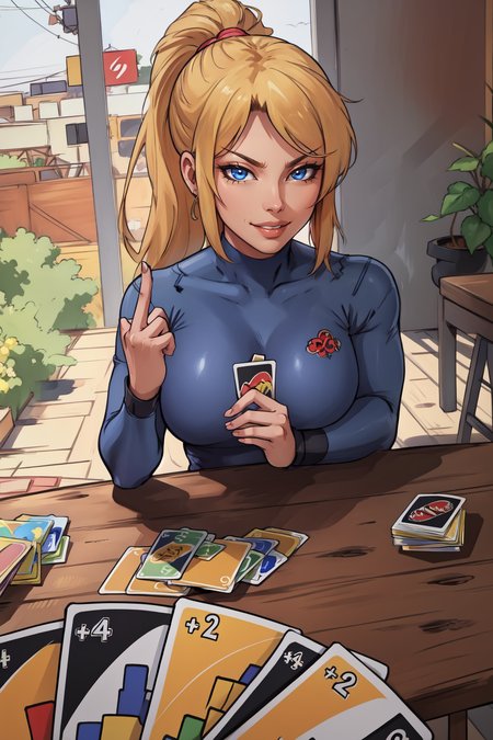 (masterpiece, best quality, absurdres, 4k, aesthetic, detailed, intricate, perfect lighting),<lora:unomeme_v1:0.7>  unomeme,playing card game, across table, 1girl,samus aran,ponytail,smug, middle finger, <lora:samus-nvwls-v1:0.8>  <lora:midfinger-left-v2-wasabiya:1.0>