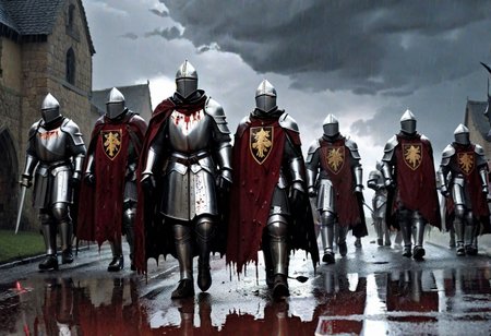 Masterpiece, DonMSt34mPXL, Realistic Lightning, Cinematic Lightning, Dark Lightning, Rain, Puddle, Clouded Sky, medieval, fantasy, pedestrians, Cape, Reflection, bloody clothes, Army.
((((army of knights) with blood on their armor and capes marching home with wounds and broken weapons. fandist background.