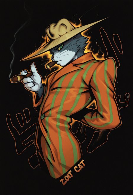 masterpiece, best quality, Graphic Design, color art, vibrant colors, colorful, intricate details, high contrast, detailed background, beautiful detailed, beautiful face, detailed eyes, detailed face, new, newest, z00tt0m, 1boy, solo, male focus, furry, cat, yellow sclera, green eyes, grey fur, whiskers, hat, formal, suit, striped jacket, striped pants, simple background, black background, upper body, dutch angle, dynamic pose, (jojo pose, orange aura, menacing), perspective, dutch angle, looking at viewer, smoking, cigar, from side,