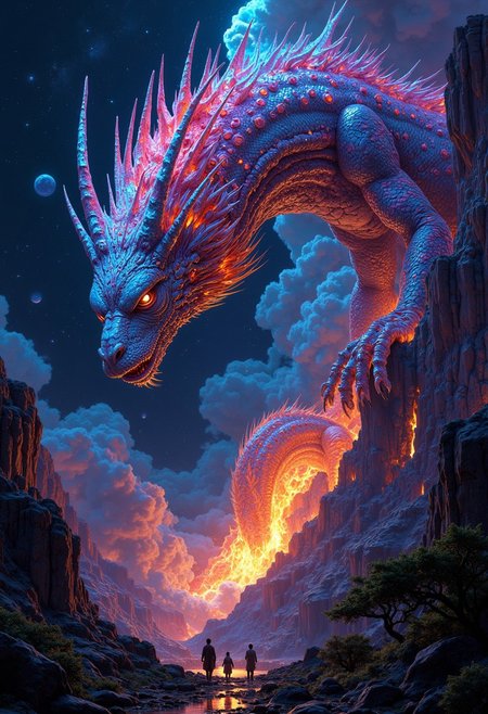 In a mesmerizing digital painting, A large space and below there is a fire in a open forest and a giant storm  emerges, radiating vibrant bioluminescent hues against the dark expanse of space. Its otherworldly form is a symphony of colors, with scales that shimmer like precious gems and intricate patterns that seem to dance with life. Luminescent tendrils extend from its body, illuminating its surroundings with an ethereal glow. showcasing its celestial beauty in stunning high-definition.