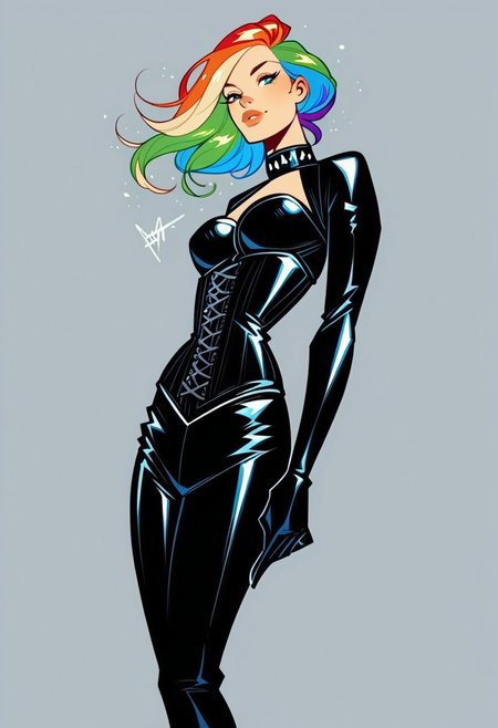 score_9, score_8_up, score_7_up, dutch_angle, from_below, footwear_focus, simple_background.
 BREAK 
A beautiful petite woman in her 20s with a rainbow hair in black leather bodysuit, long sleeves, cowboy shot, head turned, looking at viewer, hair flowing, head tilted, black rubber gloves, corset, HW_Corset, collar, tight black latex pants, belts, slim body, posing in a rainy street