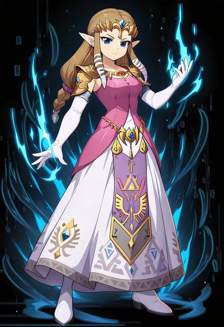 masterpiece, best quality, amazing quality, very aesthetic, absurdres, newest,shiny skin,, anime screenshot,  anime coloring, xdive, Serious expression, Zelda TP, Main Outfit, Heroine pose, standing, blue aura in hand, black background, full body,