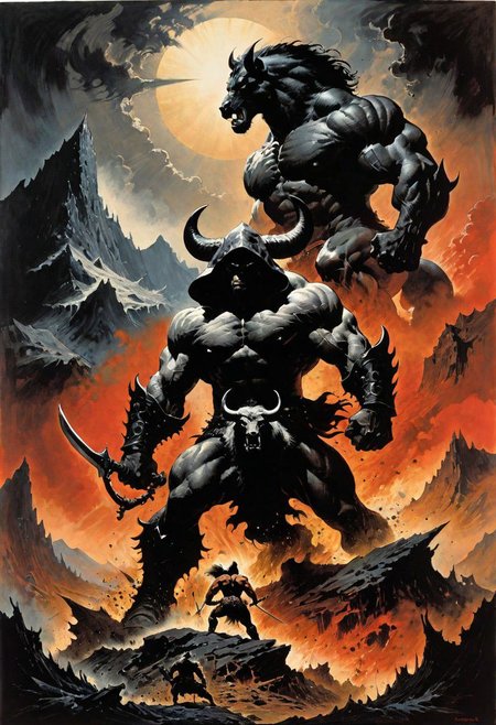 highly detailed ink drawing in the style of Frank Frazetta. 2 characters at the center of an apocalyptic hellscape, a formidable muscular figure shrouded in a dark hood, is fighting a giant centaur, background, jagged mountains rise ominously, silhouetted against a tempestuous, roiling sky.