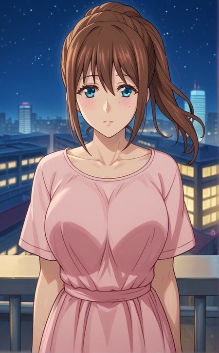 score_9, score_8_up, score_7_up, standing, arm_support, railing, cityscape, night, city, city lights, scenery, starry sky, vanishing point, outdoors, depth of field, solo, looking at viewer,   <lora:PONYXL_YukuhashiRena_SimpleYetSexy_ownwaifu:1>, BREAK PinkDress_YukuhashiRena_ownwaifu, 1girl, brown hair, ponytail, long hair, freckles, pink shirt, blue eyes, collarbone, sidelocks, large breasts, hair between eyes, alternate hairstyle, pink dress, bangs, streaked hair, dress, short sleeves,<lora:add-detail-xl:0.15>,