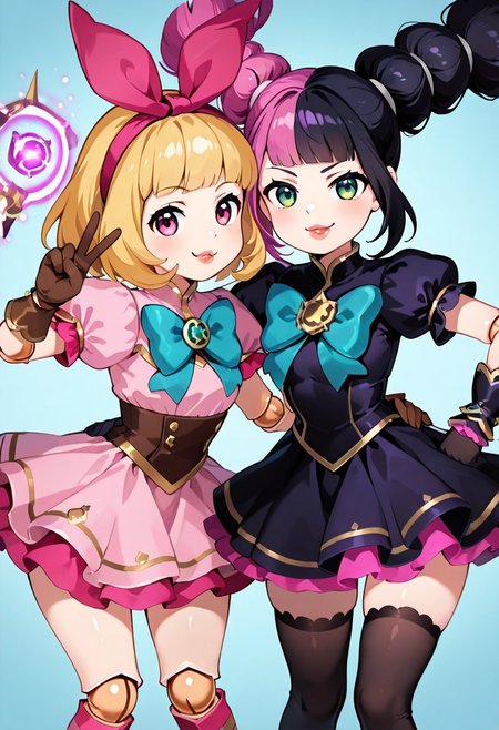masterpiece, best quality, curvy, beautiful eyes, narrow waist, wide hips, smile, looking at viewer, dynamic angle, foreshortening, close up,     C0utur3Cr4z3,
(2girls:1.1), 
zzLylia, green eyes, black hair, cone hair bun, hair bun, long hair, multicolored hair, pink hair, purple hair, split-color hair, two-tone hair, dress, bow, short sleeves, thighhighs, black dress, puffy sleeves, puffy short sleeves, striped,
side by side, hug, magic, smug, hand on hip, 
(angelamobile, looking at viewer, short hair, blonde hair, gloves, long sleeves, bow, ribbon, long hairband, bowtie, pink eyes, blue bow, brown gloves, pink clothes, puffy lips, v, joints:1.2)