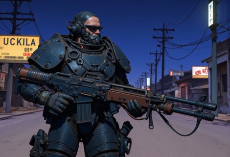 1man, A heavily armored warrior in futuristic black power armor stands confidently, wielding a massive gatling gun. The armor is bulky, with reinforced plating, large shoulder pads, and complex mechanical joints. The helmet has a slit like visor and built from multiple triangular metallic elements, giving the character a rugged, battle-hardened look. The gatling gun features a drum magazine, with visible wiring and mechanical components, emphasizing its powerful nature. The character exudes strength and resilience, with an imposing and intimidating stance, full shot, full body visible, ultra realistic, masterpiece, he walks in a deserted road, distant cyberpunk metropolis, night time, neon light lights the sky. Handheld M134 Minigun