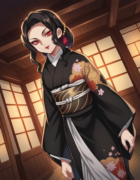 score_9, score_8_up, score_7_up, source_anime,
muzankibutsuji, <lora:muzan-kibutsuji-ponyxl-lora-nochekaiser:1>,
muzan kibutsuji, black hair, hair ornament, red eyes, red lips,
japanese clothes, wide sleeves, kimono, sash, obi, floral print, black kimono,
indoors, dojo, bent over, smile,
solo, dutch angle, looking at viewer, cowboy shot,