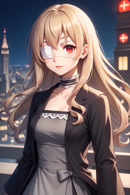 score_9, score_8_up, score_7_up, source_anime BREAK
masterpiece, best quality,
1girl, noel cerquetti, blonde hair, red eyes, long hair, black jacket, grey dress, frilled dress, frilled collar, medical eyepatch, missing limb, missing arm, collarbone
,delicate, beautiful,colorful, vividcolor, lighting, city, night, upper body, portrait, 
<lora:noel_cerquetti_pony:1>, (masterpiece, best quality:1),