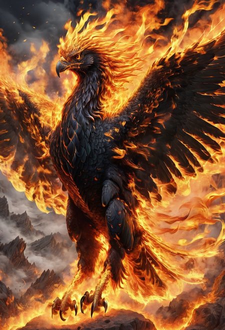 upscale, a black fire phoenix, body made of fire, massive gigantic fire phoenix, fierce, roaring, looking at the viewer,  hyperrealistic, fantasy, flying around, angry, highly detailed body, super realistic, hi_res, absurd detailed, very detailed face, in a volcanic environment, volcanic eruption on the background,