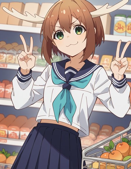 score_9, score_8_up, score_7_up, source_anime, <lora:noko-shikanoko-s1-v2-ponyxl-lora-nochekaiser:1>, noko shikanoko, short hair, bangs, brown hair, hair between eyes, green eyes, horns,, skirt, shirt, long sleeves, school uniform, white shirt, pleated skirt, serafuku, sailor collar, blue skirt, neckerchief, blue sailor collar,, grocery store, shopping cart, picking fruits, everyday life, , , , v, v over mouth, smug,, solo,, cowboy shot, dutch angle