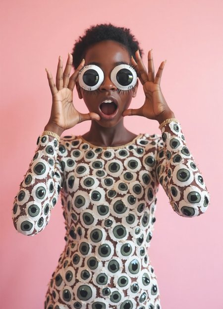analog film photo A woman stands against a pink background with an expression of surprise and delight on her face as she looks directly at the camera, revealing two rows of googly eyes covering both sides of her head and framing her mouth which is also covered by more googly eyes. The outfit consists entirely of these same googly-eyed features arranged in clusters to resemble scales or a mosaic pattern across various parts of her body, including on the top portion where they form sleeves that extend down to mid-length arms. She has dark skin with no visible hairline indicating either very short natural hair if any at all or it is obscured by something like headwear out of frame; however, there are discernible curves suggesting she may be an adult woman rather than a child.
The artistic style here leans heavily towards surrealism and pop art due to its unconventional subject matter and bright colors used throughout. It's worth noting that the artist has meticulously painted each eye with individual eyelashes adding depth and realism despite their cartoonish design, which is also mirrored in how she poses â half her body appears frozen mid-movement suggesting an abrupt stop as if caught by this unexpected photograph.
The composition centers on our subject against a simple backdrop allowing for maximum impact of the googly-eyed outfit. There's little else to distract from what we're supposed to focus on, which is clearly intentional design choice meant to draw attention directly to her expression and attire while subtly reinforcing themes like surveillance or being watched even when not consciously aware.
The lighting in this image appears soft yet bright enough to highlight each individual element without creating harsh shadows that could detract from their overall impact. It seems evenly distributed across the scene, possibly suggesting studio-style photography meant specifically for display purposes rather than everyday use or casual capture moments.
There's nothing particularly complicated about capturing such an image technically speaking â it relies heavily on careful lighting control and composition planning alongside artistic choices like color palette selection (the pastel pink background complements both her skin tone as well as the eye colors) to create a harmonious visual effect. The result is something that might intrigue viewers not just because of its weirdness but also due to how effectively it conveys specific themes through seemingly simple means.
This photograph possesses strong narrative elements and emotional resonance, qualities often found in photorealistic fine art photography which aims at capturing the subtleties and complexities inherent within everyday scenes. Its technical aspects such as lighting control, composition planning, color palette selection are all executed with precision to ensure that these details do not overpower or detract from its overall impact but rather enhance it further by creating an immersive visual experience for viewers.
In summary, this image is a compelling representation of modern surreal and pop art styles through the use of bright colors, unconventional subject matter, meticulous composition planning along with excellent technical execution involving soft yet strategic lighting to create photorealistic details that make every element stand out vividly against its pastel pink backdrop. It's an intriguing mix of unexpected elements combined in a way which conveys deeper themes like surveillance or being watched even when not consciously aware while still maintaining visual appeal through harmonious composition and careful attention to detail throughout the entire photograph. . faded film, desaturated, 35mm photo, grainy, vignette, vintage, Kodachrome, Lomography, stained, highly detailed, found footage