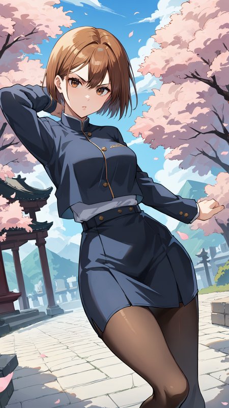 score_9,score_8_up,score_7_up,score_6_up, source_anime, zPDXL, <lora:xl_more_art-full_v1:0.5>, woman, dynamic pose,  <lora:Nobara - Pony-000004:0.8>, short hair, brown hair, brown eyes, blue jacket, overhanging jacket, long sleeves, blue skirt, pantyhose, serious, leaning back, east asian architecture, park, outdoors, cherry blossoms,