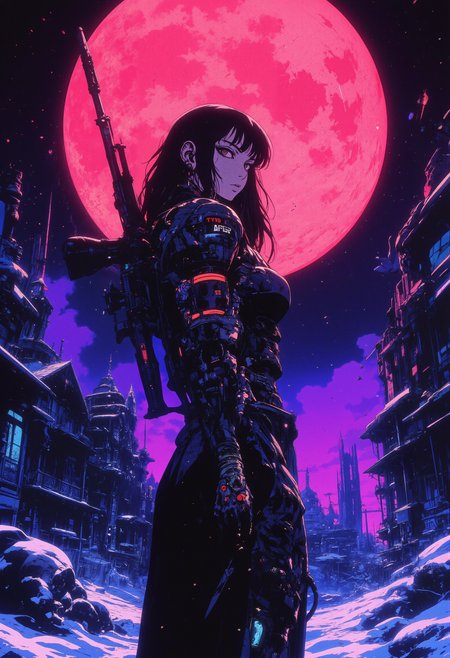 Anime, cyberpunk, A digital pixelated textured anime drawing featuring a futuristic cybernetic sniper with her rifle on her back. She blends gothic and vampiric elements into her body. The full body is visible against a cold desolate wasteland, with crumbling majestic and intricate dystopian architecture in the distance. Above, the twilight sky is painted in purple and black hues, with stars and galaxies visible in the distance. A large, pale red moon with a rugged, cratered surface and natural texture dominates the sky, casting faint shadows on its surface.  Include soft elements of bokeh and film grain further enhancing the visuals, as well as dynamic shadows and depth of field.