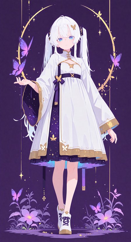 masterpiece, best quality, good quality, newest, highres, absurdres, 1girl, solo, long hair, looking at viewer, blue eyes, long sleeves, hair ornament, dress, twintails, full body, white hair, shoes, wide sleeves, bug, butterfly, multicolored clothes, disembodied limb, multicolored dress, purple butterfly, Ethereal Brushstroke,
Flat vector illustration,
h4ra_illu,
MomoSweetSpaceILL <lora:illustriousXL_stabilizer_v1.23:0.3> <lora:NOOB_vp1_detailer_by_volnovik_v1:0.3> <lora:ponyv6_noobE11_2_adamW-000017:0.45> <lora:Illustrious:0.15> <lora:checkpoint-e18_s306:1.3> <lora:hara_id_21:0.85> <lora:MomoSweetSpaceILL:0.8>