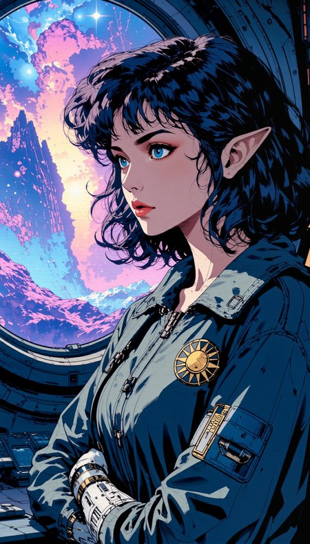 <lora:flux_space-v1s1000:0.58> <lora:Interstellar_Scifi_flux-lora-v1:0.4> <lora:NasaPunk:0.31> <lora:Hand v2:1.0> <lora:Anime-Retro:0.36> <lora:ck-shadow-circuit-000021:0.52> <lora:TechnoPunk:0.28> A hyper-detailed vividly-illustrated Japanese retro anime scene blending fantasy, n4sap8nk, t3chn0, and Interstellar_Scifi styles.
Specialist Charity Asmodai is a very tall female half-elf with pale metallic skin, glowing cyan eyes, small yet pointed ears, wearing a stern and focused expression. Her hair is shoulder-length and curly in a dark blue shade. Streaks of azure energy in her hair glow from roots to tips as she processes data. She wears a dark grey technician's jumpsuit under a baggy blue bomber jacket with gold sun insignia and "Sol Federation" patch. Charity's hands are enhanced with cybernetics, but the evidence for this is obscured by her light grey gloves. She is on the command deck of the starship staring out of the observation port window featuring a breathtaking view of deep space: violet, blue, and yellow nebula and a smattering of stars.​​​