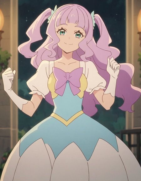 score_9, score_8_up, score_7_up, anime screencap, solo,1girl,elleechanta,  smile, gloves, looking at viewer, dress,purple bow, white gloves, puffy sleeves,cowboy shot,medium breasts, <lora:elleechanta:0.8>