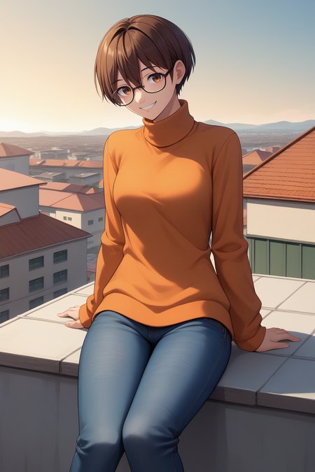 score_9, score_8_up, 1girl, solo,  <lora:zs_TomokoXL:1> tomokosh, short hair, brown hair, glasses, orange sweater, turtleneck, jeans, outdoors, sitting on roof, sky, slight smile