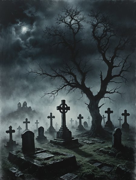 oil painting , 
an irish stone cross surrounded by ancient gravestones,
34K uhd, masterpiece, high detail, 8k, intricate, detailed, high resolution, high res, high quality, <lora:add-detail-xl:1.8>, highly detailed, Extremely high-resolution details, fine texture,